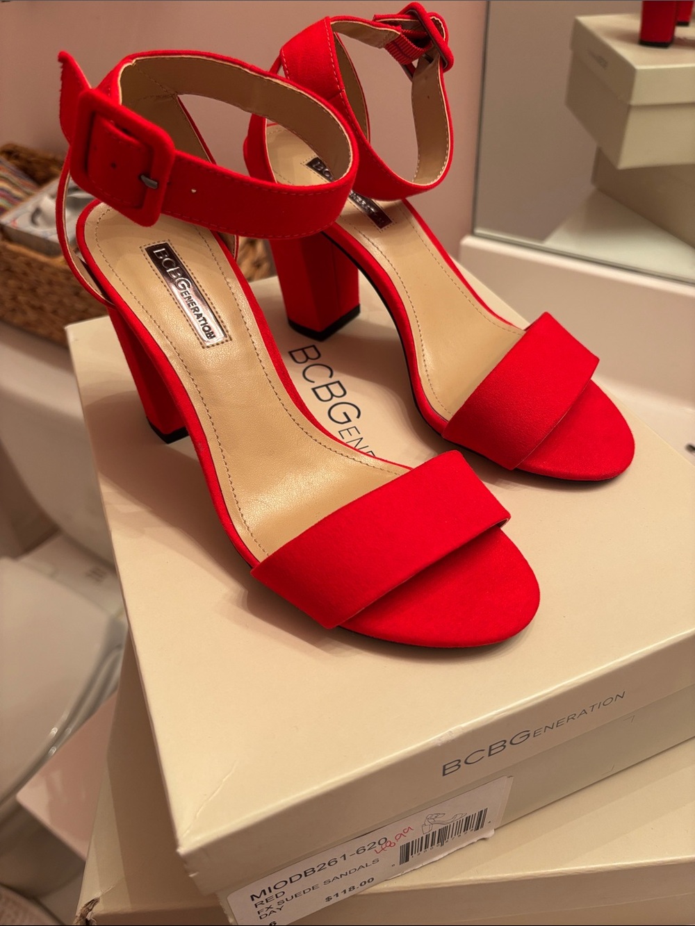 BCBGeneration Red Block Heel Ankle-Strap Sandals